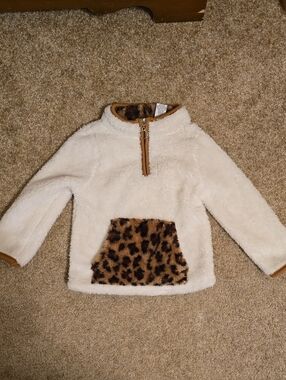 3T Cream Sherpa Pullover with Leopard Pocket